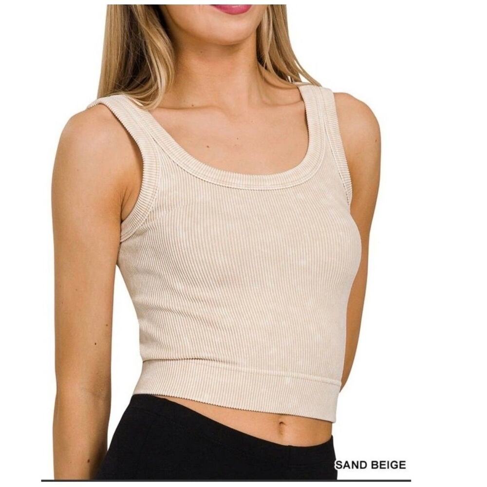 Zenana Sand Beige Washed Ribbed Cropped Seamless Scoop Tank Brami